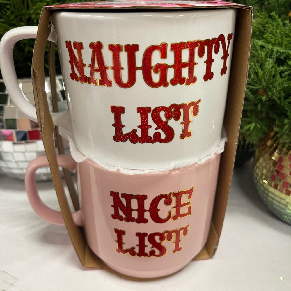 Pink Christmas Naughty List Nice Red Glitter Stackable Coffee Mugs Set of 2 NWT